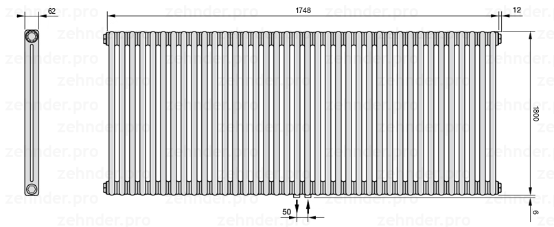 Схема (чертеж) Радиатор Zehnder Charleston 2180/38 №5410 Белый глянцевый RAL 9016